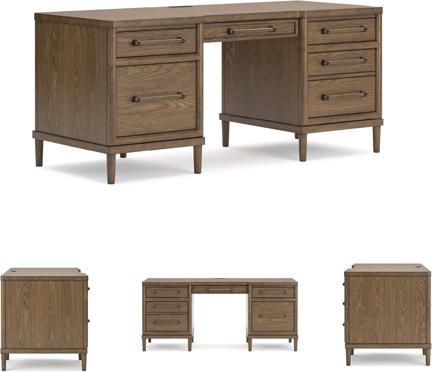 imageSignature Design by Ashley Roanhowe Contemporary 68quot Home Office Desk with 6 FeltLined Drawers USB Charging Ports and Cord Management Dark Brown
