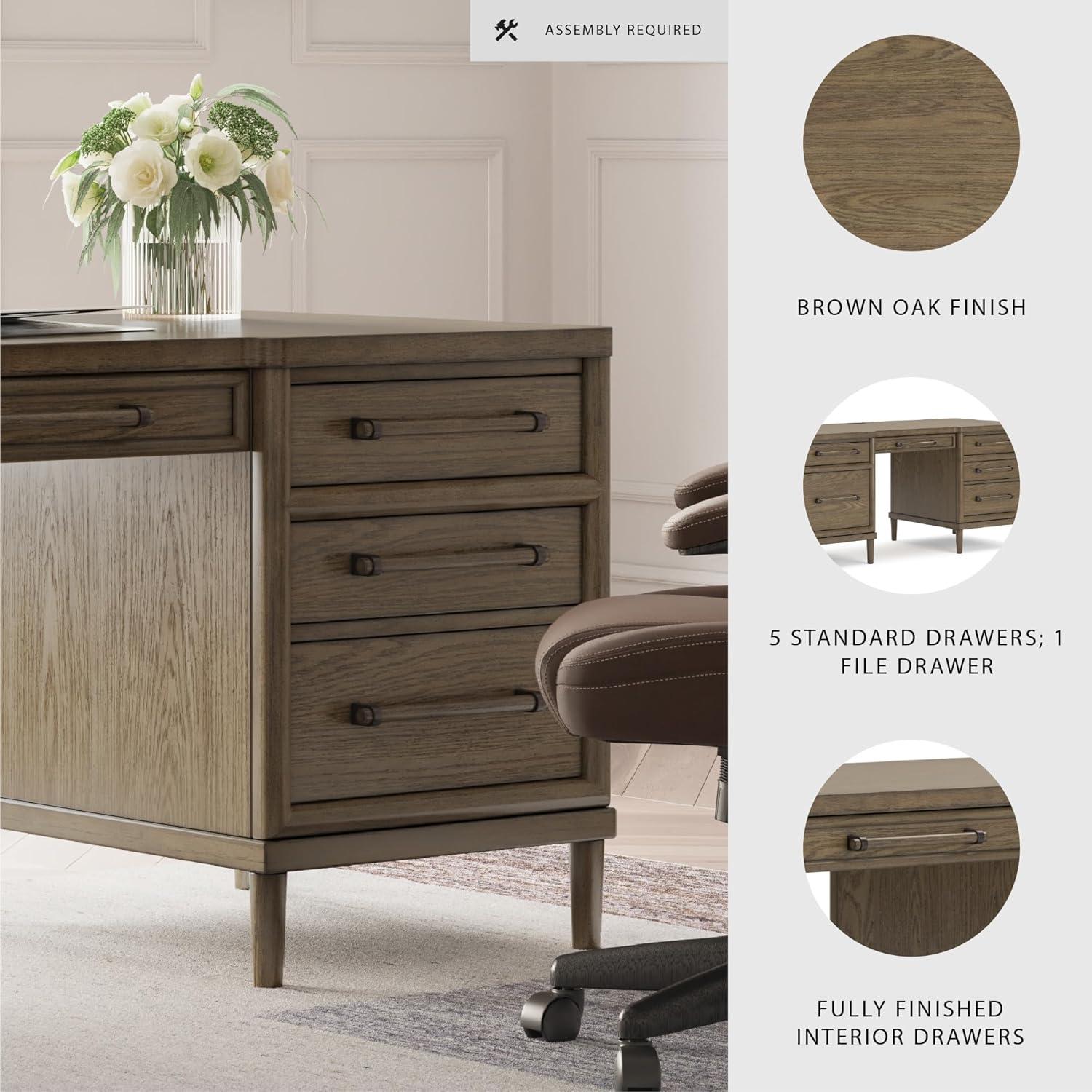 imageSignature Design by Ashley Roanhowe Contemporary 68quot Home Office Desk with 6 FeltLined Drawers USB Charging Ports and Cord Management Dark Brown