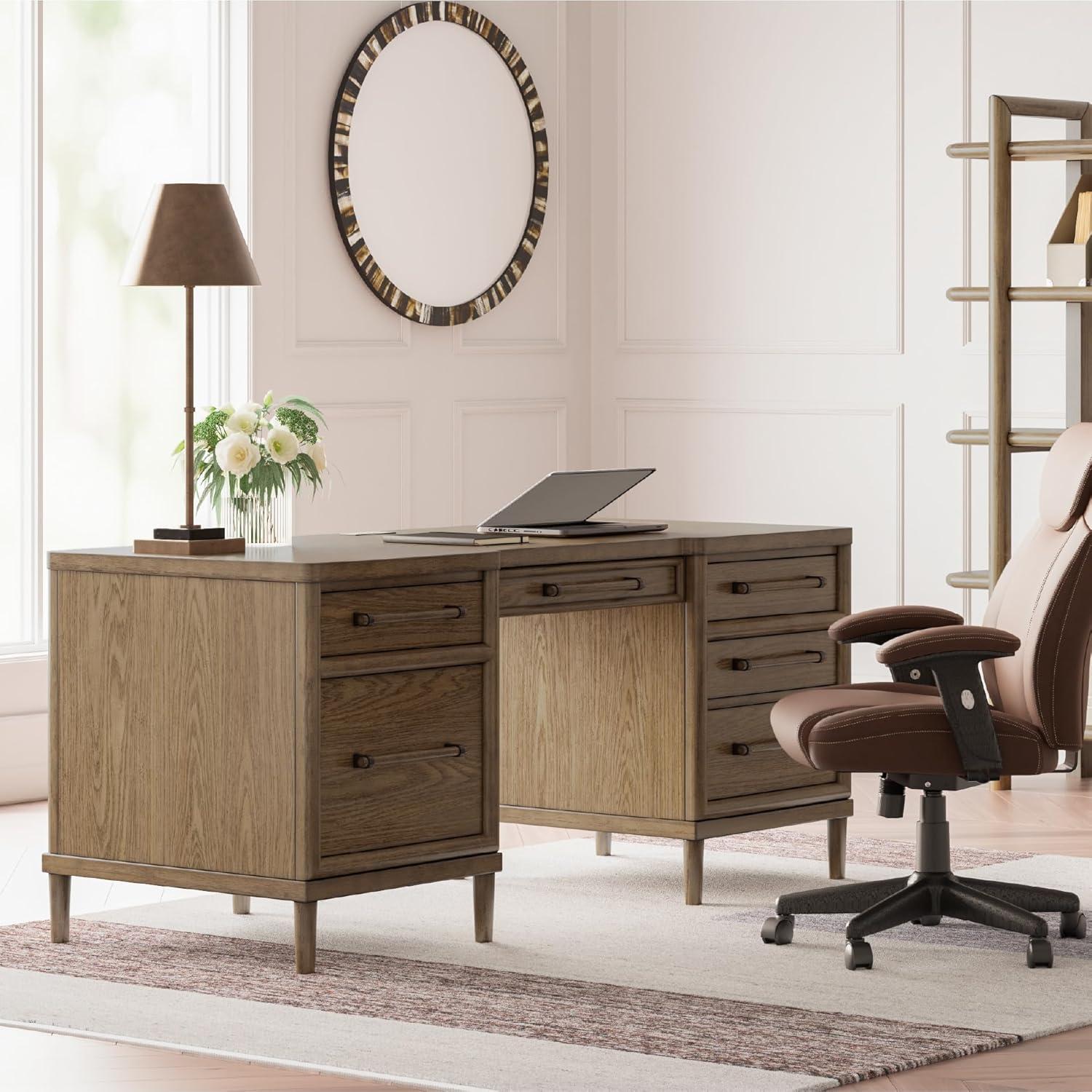 imageSignature Design by Ashley Roanhowe Contemporary 68quot Home Office Desk with 6 FeltLined Drawers USB Charging Ports and Cord Management Dark Brown
