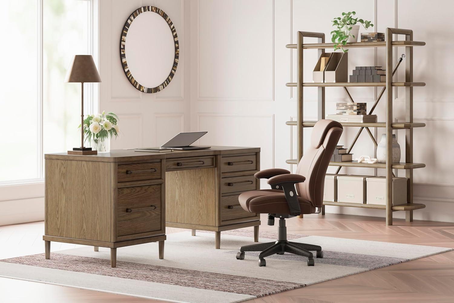 imageSignature Design by Ashley Roanhowe Contemporary 68quot Home Office Desk with 6 FeltLined Drawers USB Charging Ports and Cord Management Dark Brown