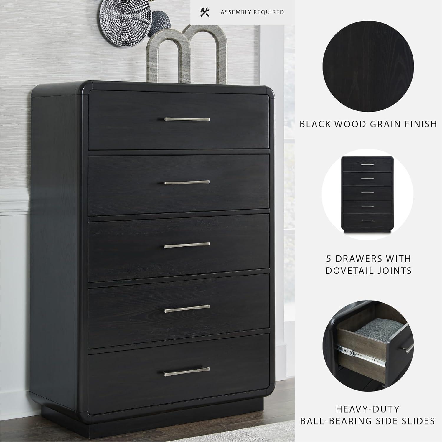 imageSignature Design by Ashley Rowanbeck Modern 7 Drawer Dresser with FeltLined Top Drawer and Safety Stop for Bedroom Black5 Drawer Chest