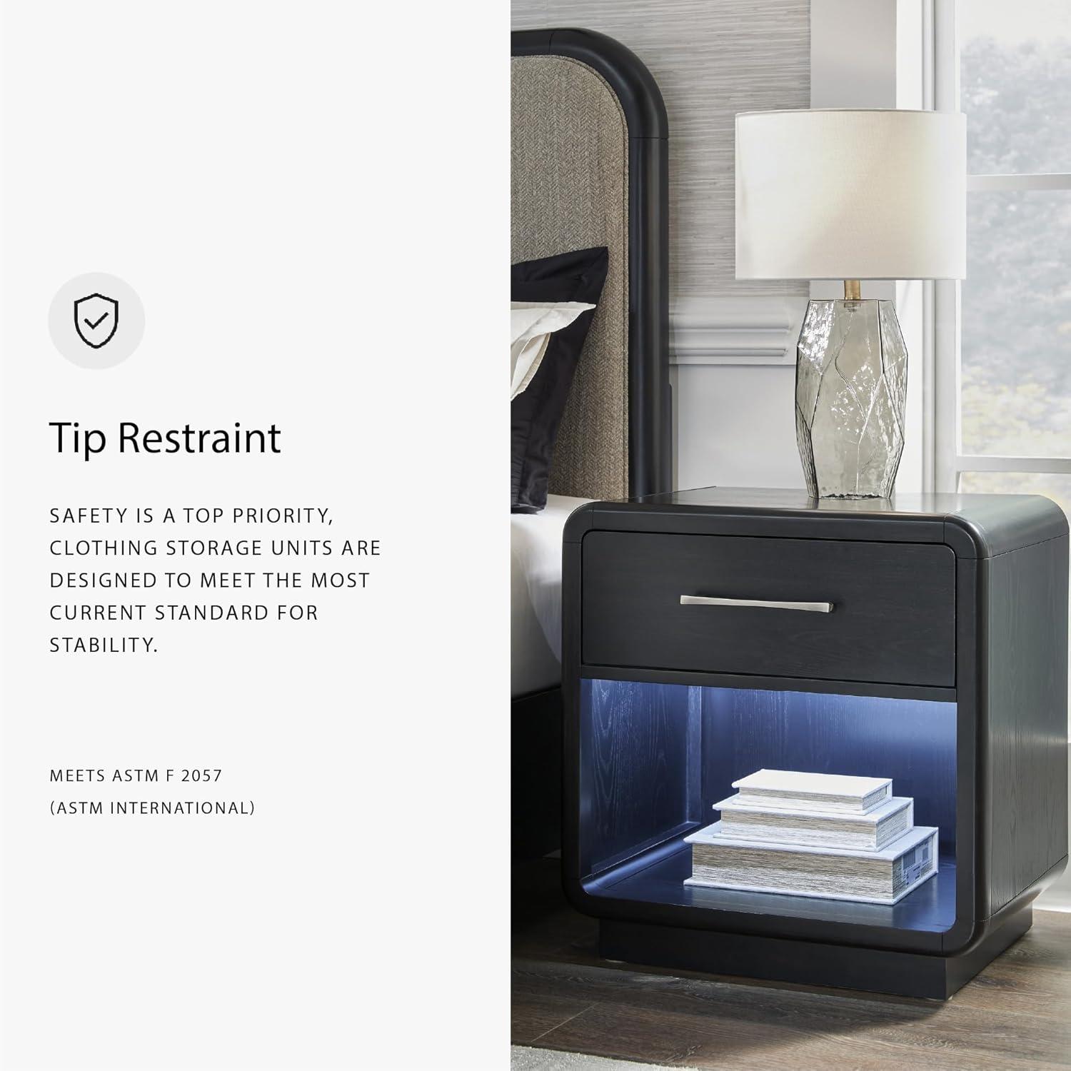 imageSignature Design by Ashley Rowanbeck Modern FeltLined 1 Drawer Nightstand with 1 Lower Shelf LED Lights Power Supply and USB Ports 2675quot Tall Black