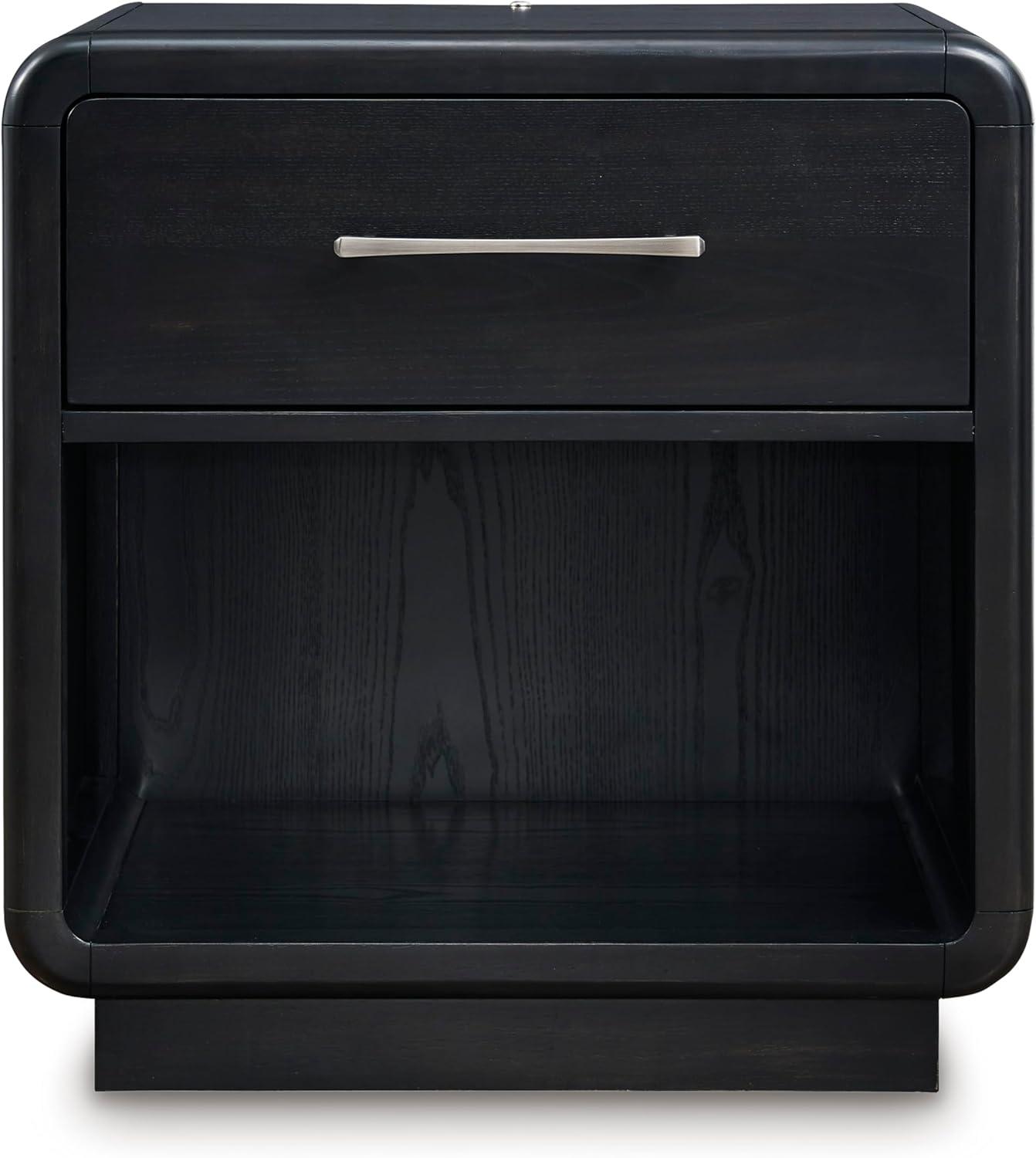 imageSignature Design by Ashley Rowanbeck Modern FeltLined 1 Drawer Nightstand with 1 Lower Shelf LED Lights Power Supply and USB Ports 2675quot Tall Black