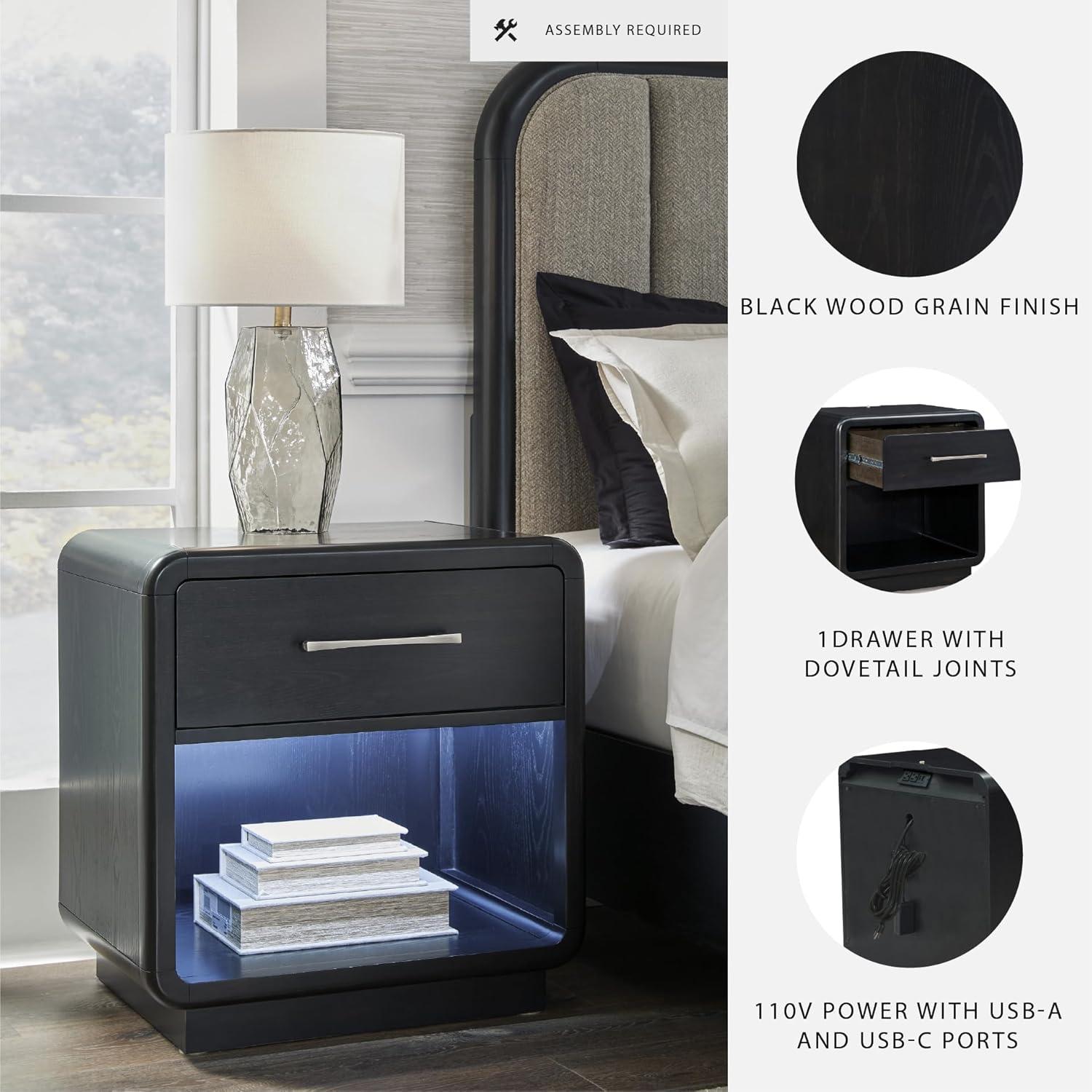imageSignature Design by Ashley Rowanbeck Modern FeltLined 1 Drawer Nightstand with 1 Lower Shelf LED Lights Power Supply and USB Ports 2675quot Tall Black