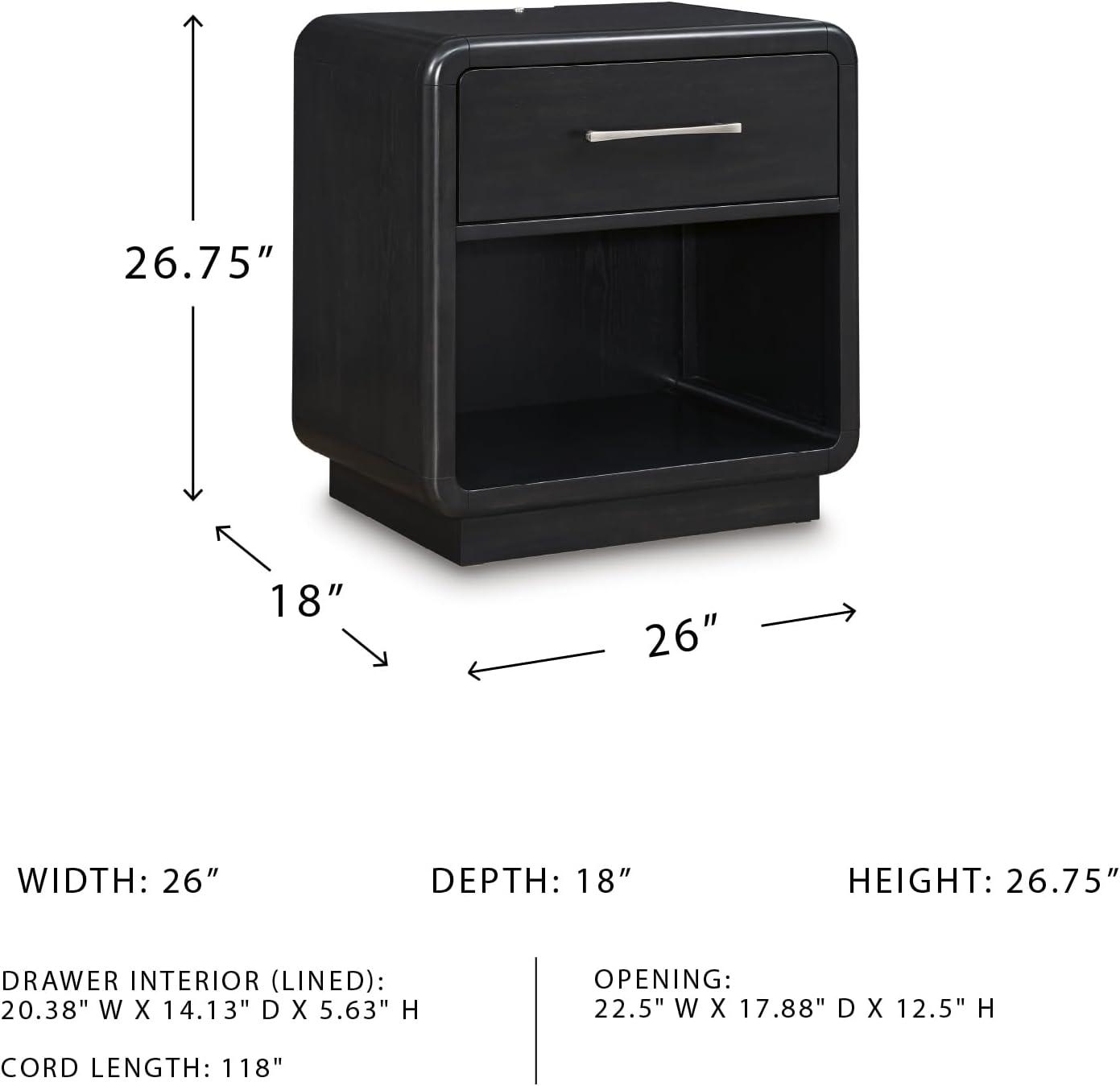 imageSignature Design by Ashley Rowanbeck Modern FeltLined 1 Drawer Nightstand with 1 Lower Shelf LED Lights Power Supply and USB Ports 2675quot Tall Black