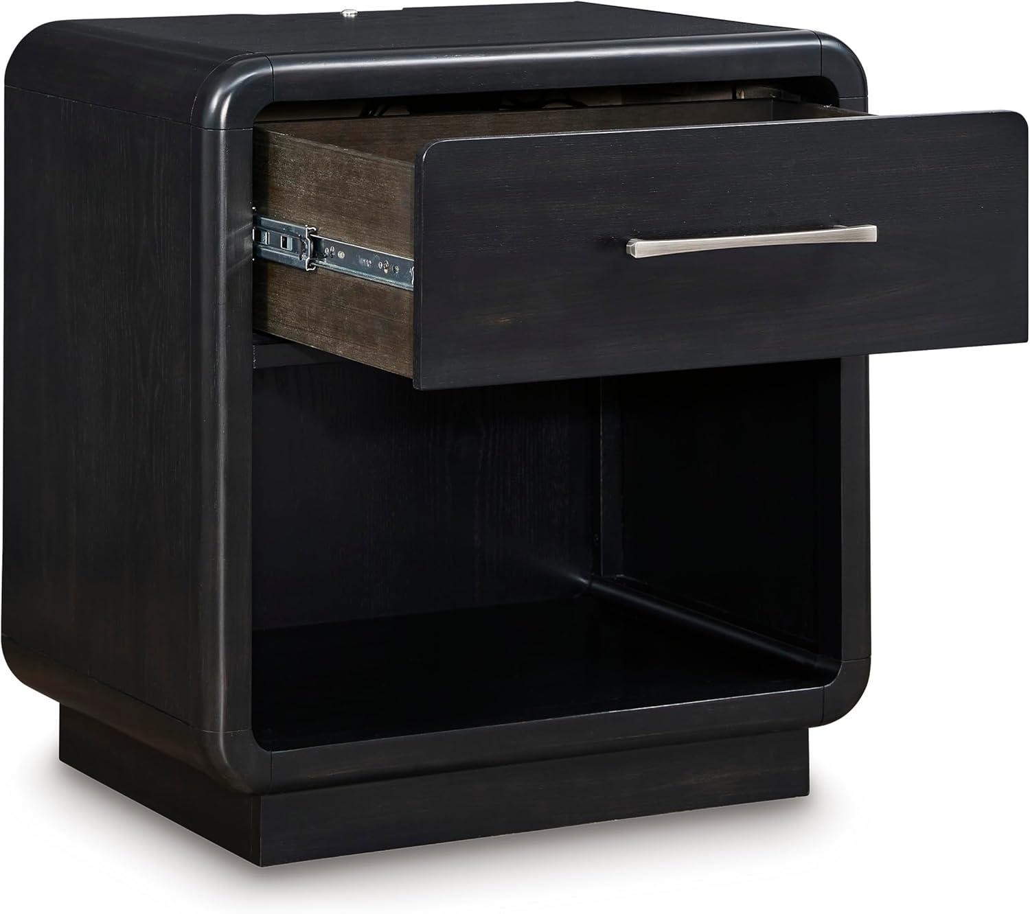 imageSignature Design by Ashley Rowanbeck Modern FeltLined 1 Drawer Nightstand with 1 Lower Shelf LED Lights Power Supply and USB Ports 2675quot Tall Black