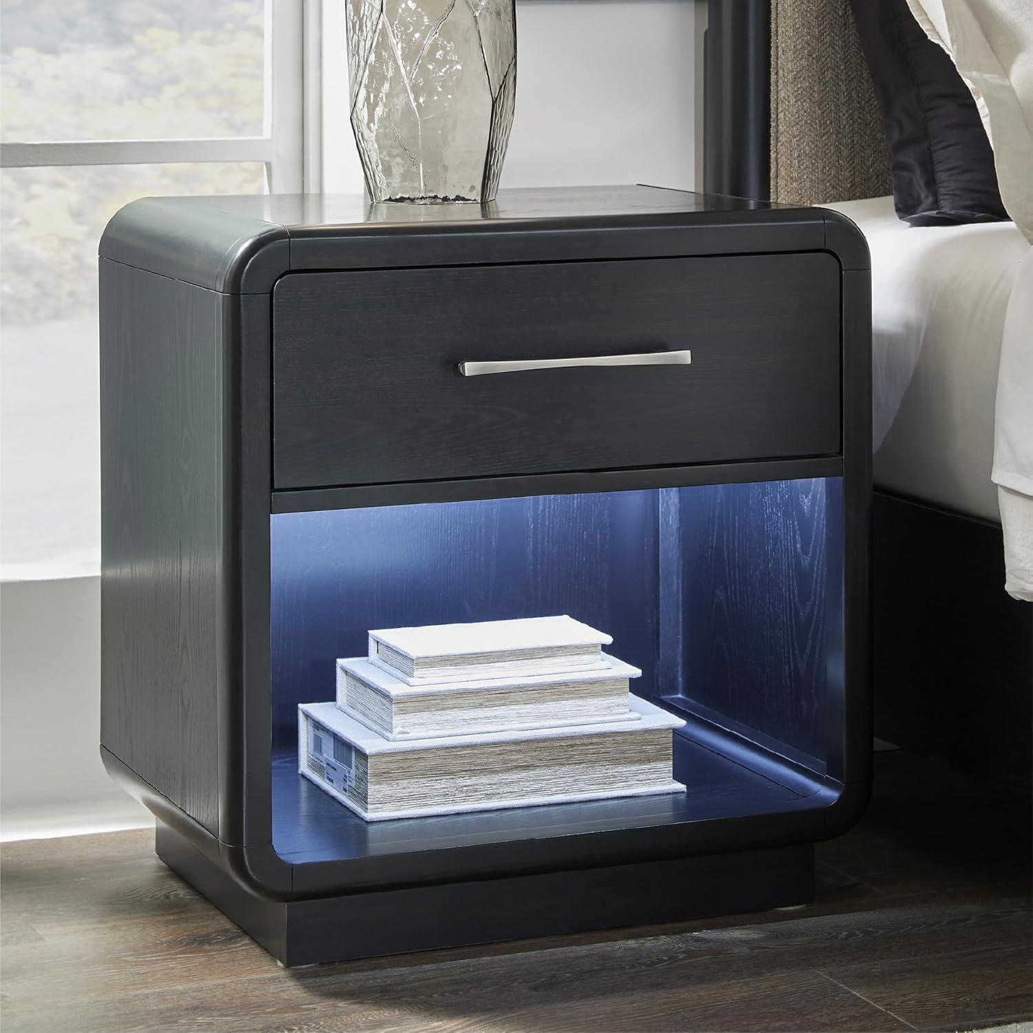 imageSignature Design by Ashley Rowanbeck Modern FeltLined 1 Drawer Nightstand with 1 Lower Shelf LED Lights Power Supply and USB Ports 2675quot Tall Black