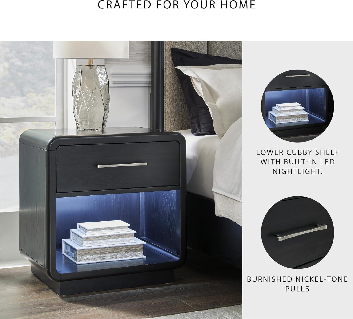 imageSignature Design by Ashley Rowanbeck Modern FeltLined 1 Drawer Nightstand with 1 Lower Shelf LED Lights Power Supply and USB Ports 2675quot Tall Black