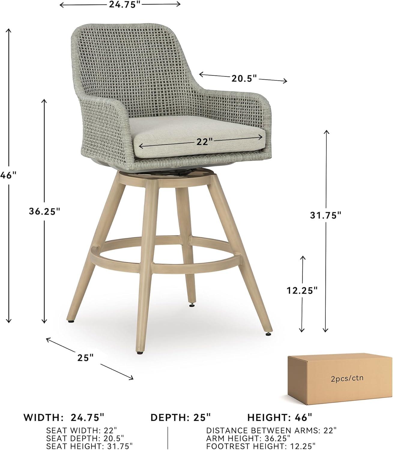 imageSignature Design by Ashley Seton Creek Casual Nuvella Weather Resistant Fabric Resin Wicker Swivel Outdoor Bar Height Bar Stool with Cushion Footrest and Armrest Set of 2 Beige ampamp Light Gray
