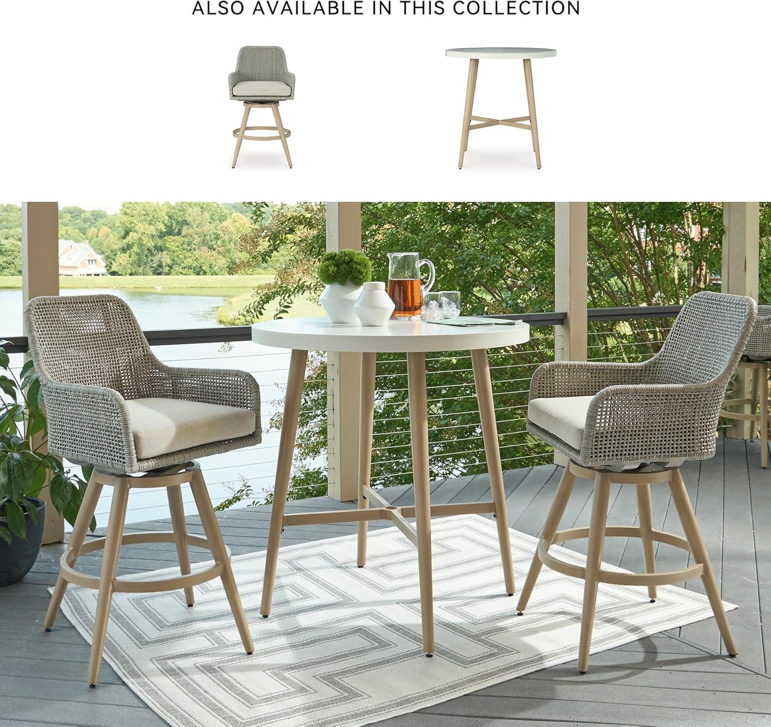 imageSignature Design by Ashley Seton Creek Casual Nuvella Weather Resistant Fabric Resin Wicker Swivel Outdoor Bar Height Bar Stool with Cushion Footrest and Armrest Set of 2 Beige ampamp Light Gray