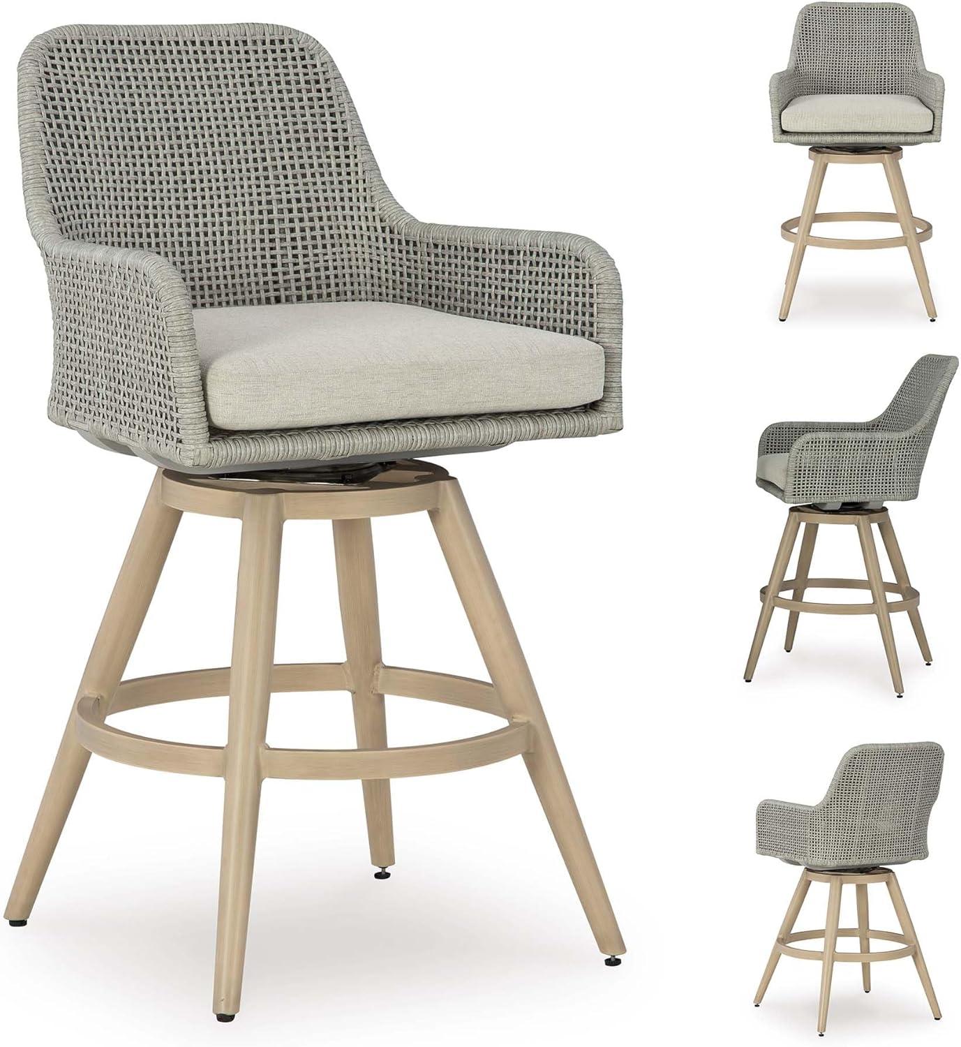 imageSignature Design by Ashley Seton Creek Casual Nuvella Weather Resistant Fabric Resin Wicker Swivel Outdoor Bar Height Bar Stool with Cushion Footrest and Armrest Set of 2 Beige ampamp Light Gray