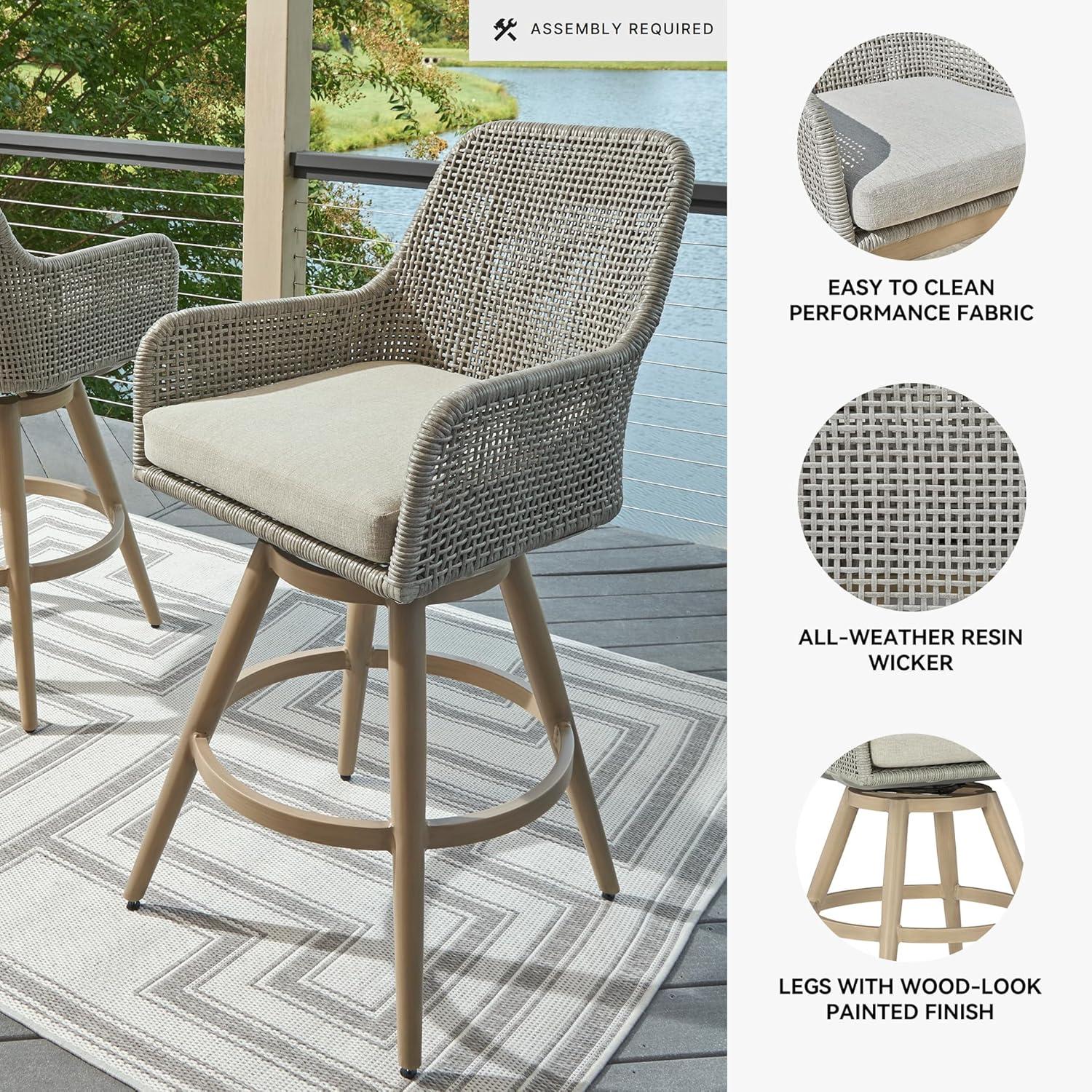 imageSignature Design by Ashley Seton Creek Casual Nuvella Weather Resistant Fabric Resin Wicker Swivel Outdoor Bar Height Bar Stool with Cushion Footrest and Armrest Set of 2 Beige ampamp Light Gray