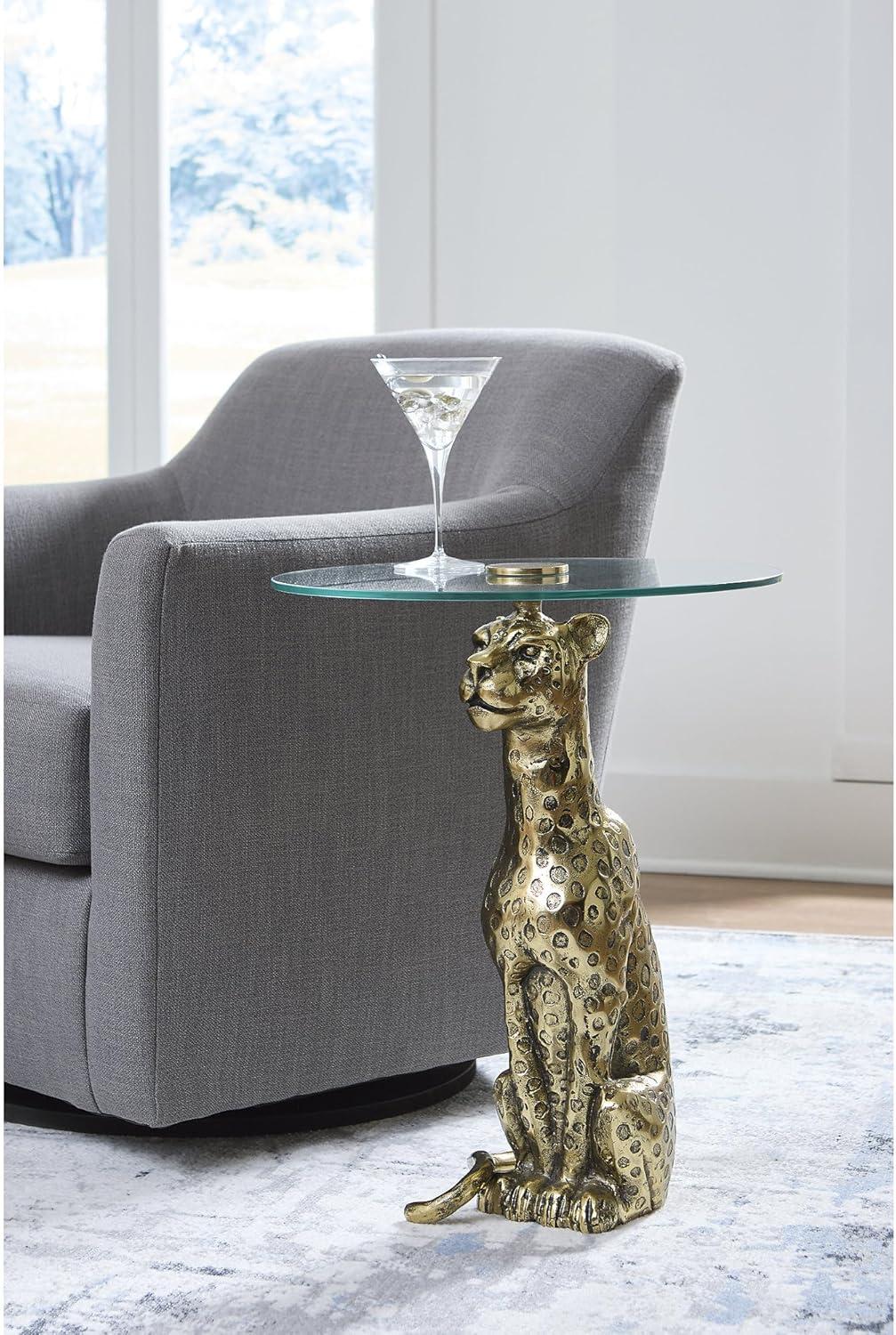 imageSignature Design by Ashley Vallain Industrial Glass Tabletop Accent Table with Leopard Base Metallic ampamp Glass