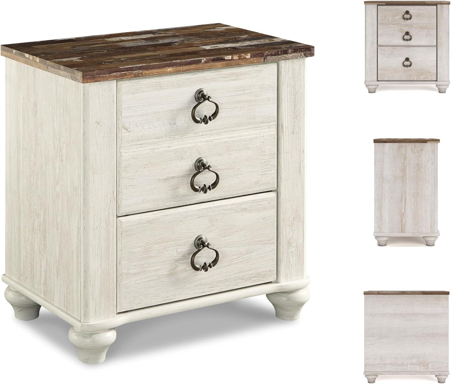 imageSignature Design by Ashley Willowton Farmhouse 2 Drawer Nightstand with USB Charging Ports 2567quot Tall WhitewashWhitewash