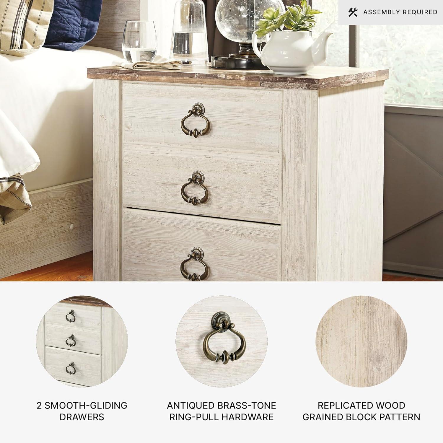 imageSignature Design by Ashley Willowton Farmhouse 2 Drawer Nightstand with USB Charging Ports 2567quot Tall WhitewashWhitewash
