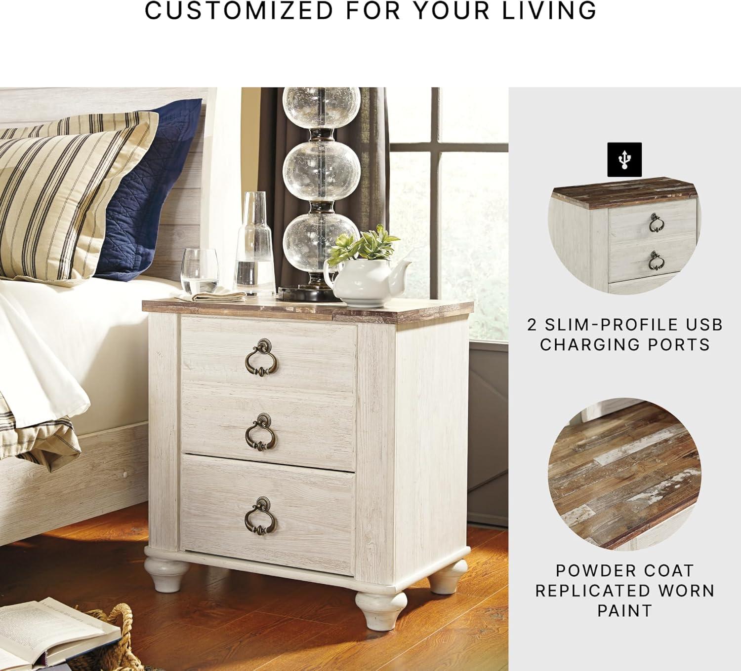 imageSignature Design by Ashley Willowton Farmhouse 2 Drawer Nightstand with USB Charging Ports 2567quot Tall WhitewashWhitewash