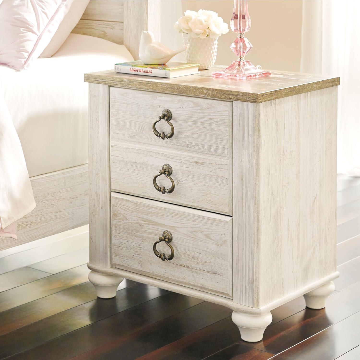 imageSignature Design by Ashley Willowton Farmhouse 2 Drawer Nightstand with USB Charging Ports 2567quot Tall WhitewashWhitewash