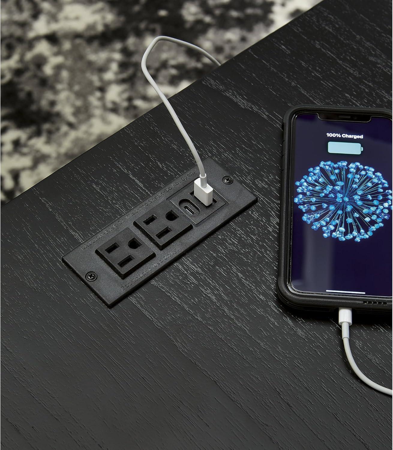 imageSignature Design by Ashley Winbardi Industrial 2Drawer End Table with Open Cubby USB Ports Black