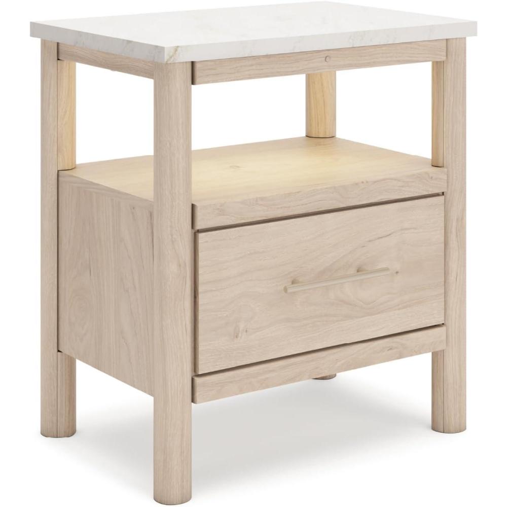 imageSignature Design by Ashley Cadmori Bohemian 1Drawer Nightstand with 1 Shelf Ambient Lighting USB and Qi Wireless Charging Options 2657quot Tall Black ampamp WhiteLight Brown White