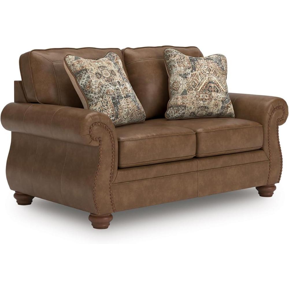imageSignature Design by Ashley Chatterton Rustic Faux Leather Loveseat with Nailhead Trim and 2 Throw Pillows Reinforced Frame for Added Stability Reversible Seat Cushions Turned Legs BlackBrown