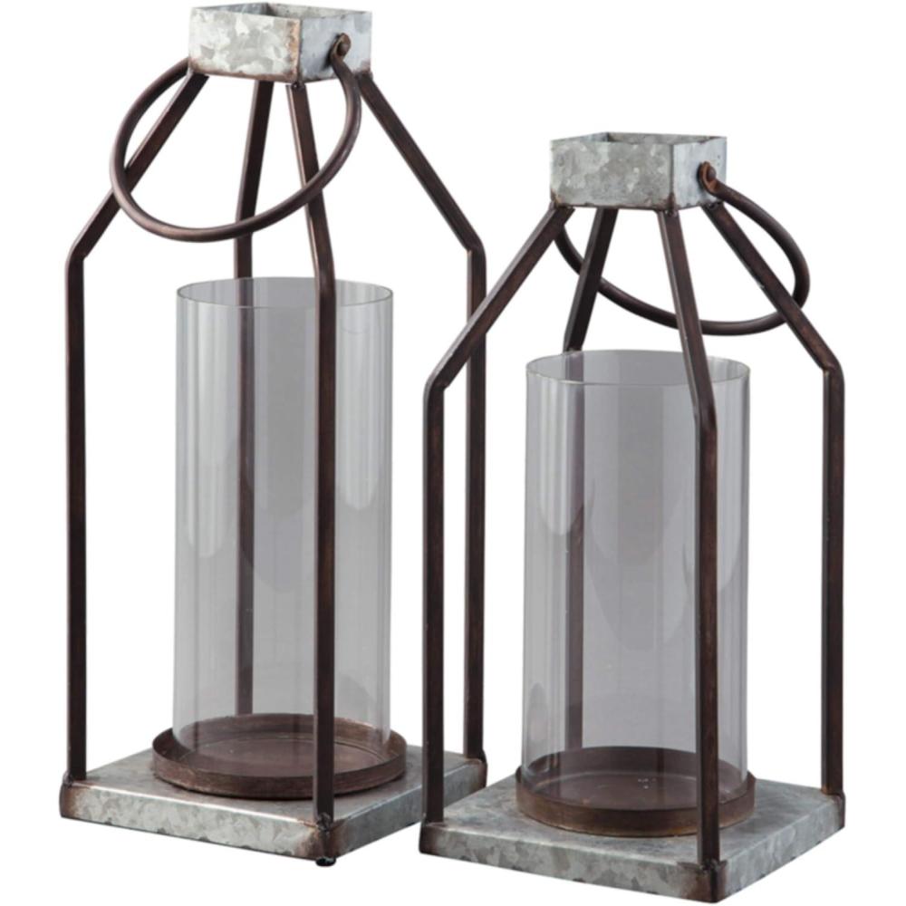 imageSignature Design by Ashley Diedrick Rustic Lantern Set of 2 IndoorOutdoor Galvanized Metal Antiqued Finish Glass Shade Holds 3 in Pillar Candles Not Included 19quot ampamp17quot Gray and BlackRustic