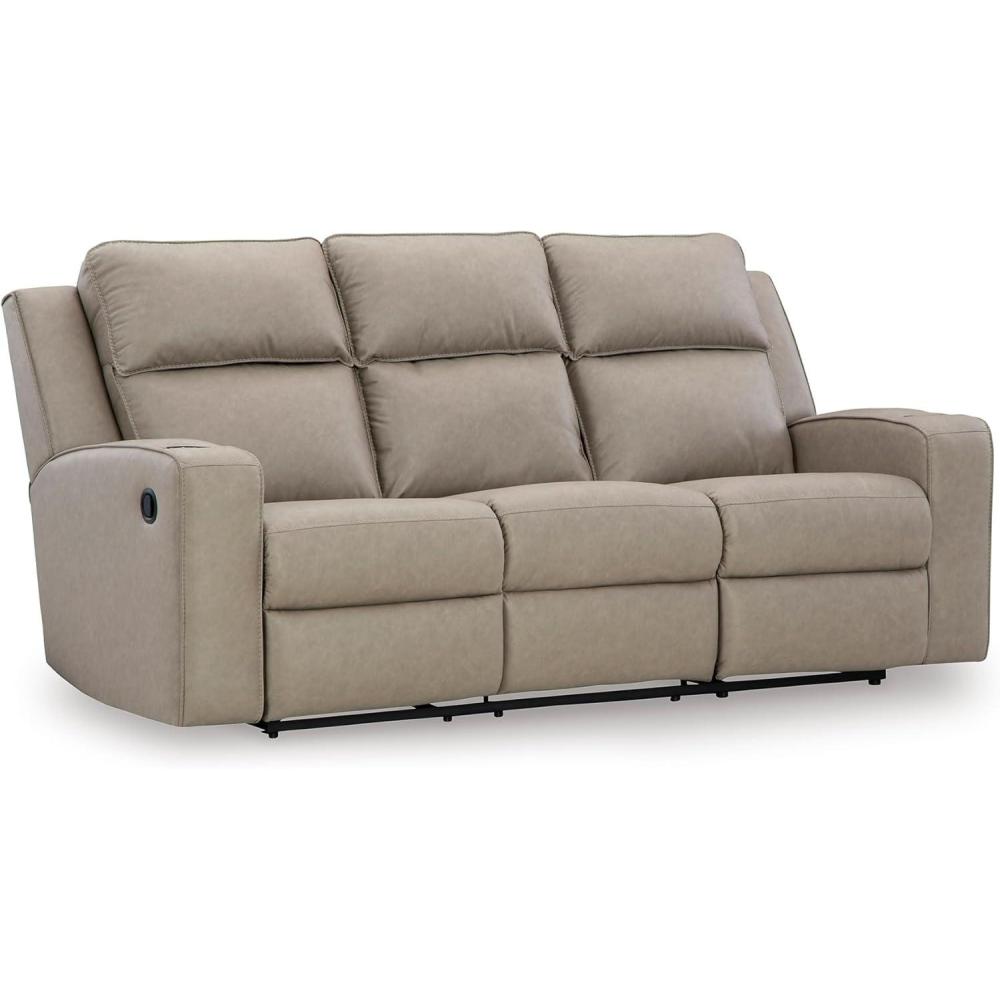 imageSignature Design by Ashley Lavenhorne Modern Faux Leather Manual Reclining Sofa with Drop Down Table Cup Holders and USB Ports Dark BrownBeige