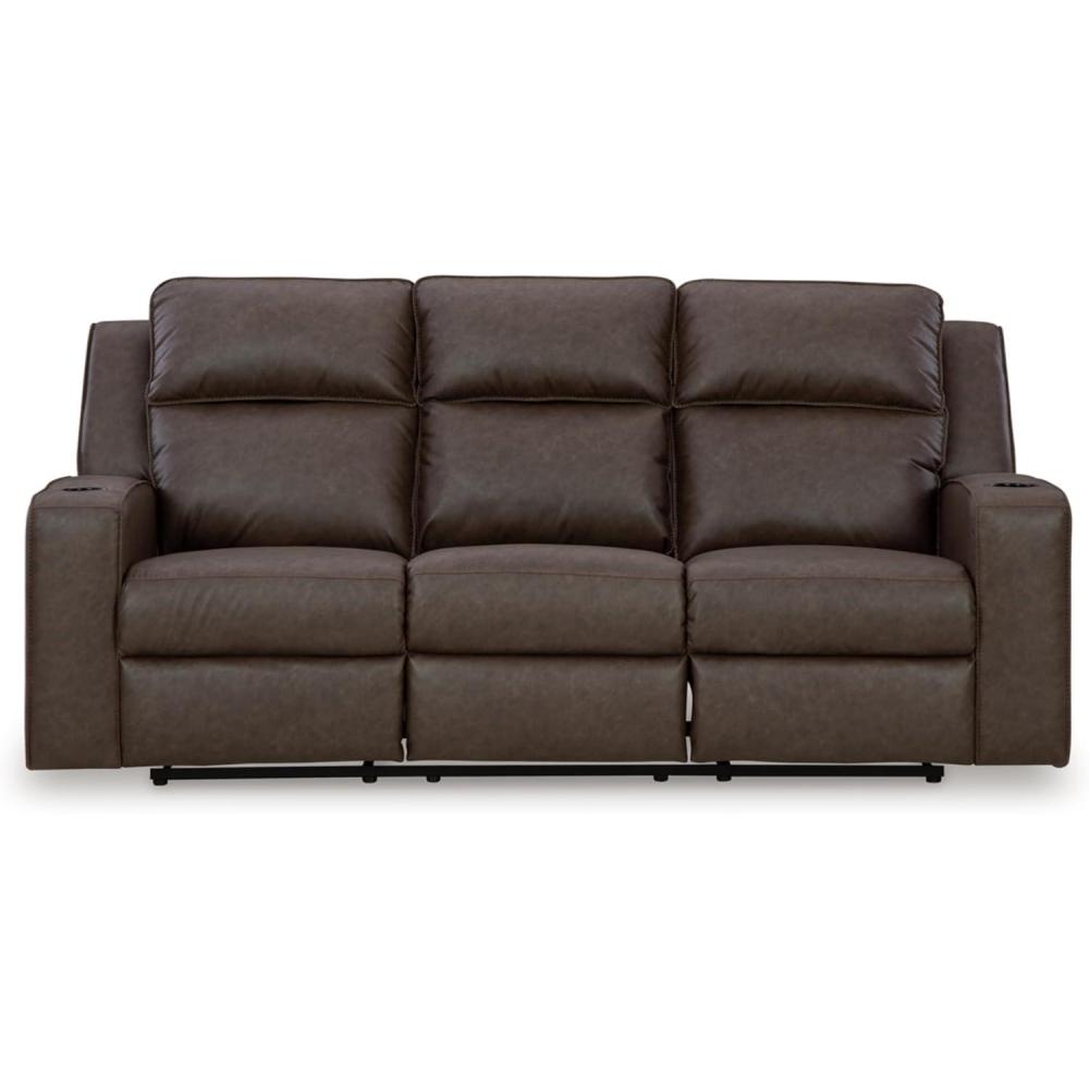 imageSignature Design by Ashley Lavenhorne Modern Faux Leather Manual Reclining Sofa with Drop Down Table Cup Holders and USB Ports Dark BrownDark Brown