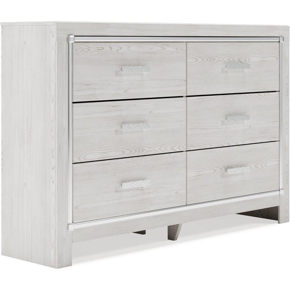 imageSignature Design by Ashley Lodanna Modern Glam 6 Drawer Dresser with Faceted Chrome Accents Gray Wood GrainWhite