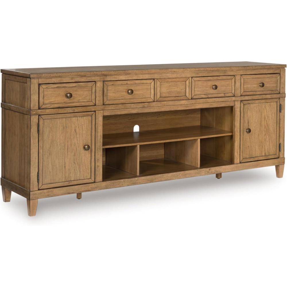 imageSignature Design by Ashley Sharlance Farmhouse 81quot TV Stand for TVs up to 93quot with Adjustable Shelves and Wire Management Light BrownLight Brown