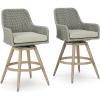 imageSignature Design by Ashley Seton Creek Casual Nuvella Weather Resistant Fabric Resin Wicker Swivel Outdoor Bar Height Bar Stool with Cushion Footrest and Armrest Set of 2 Beige ampamp Light Gray
