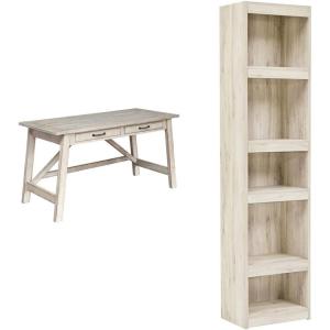 Signature Design by Ashley Carynhurst Farmhouse 60″ Home Office Desk with Drawers, Distressed White & Bellaby Farmhouse Pier with 3 Adjustable Shelves, Whitewash(Whitewash)