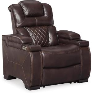Signature Design by Ashley Caveman Den Modern Faux Leather Wall Hugger Power Recliner with Adjustable Headrest, Storage, Wireless, USB Ports and LED Lights, Black(Dark Brown)