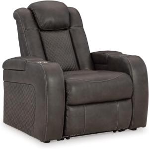 Signature Design by Ashley Caveman Den Modern Faux Leather Wall Hugger Power Recliner with Adjustable Headrest, Storage, Wireless, USB Ports and LED Lights, Black(Gray Brown)