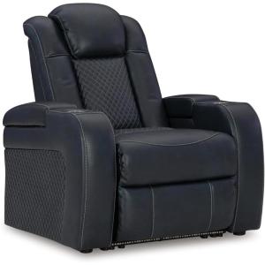 Signature Design by Ashley Caveman Den Modern Faux Leather Wall Hugger Power Recliner with Adjustable Headrest, Storage, Wireless, USB Ports and LED Lights, Black(Navy)
