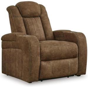 Signature Design by Ashley Caveman Den Modern Faux Leather Wall Hugger Power Recliner with Adjustable Headrest, Storage, Wireless, USB Ports and LED Lights, Black(Brown)