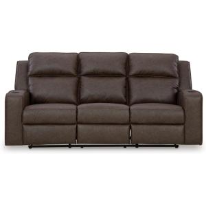 Signature Design by Ashley Lavenhorne Modern Faux Leather Manual Reclining Sofa with Drop Down Table, Cup Holders and USB Ports, Dark Brown(Dark Brown)