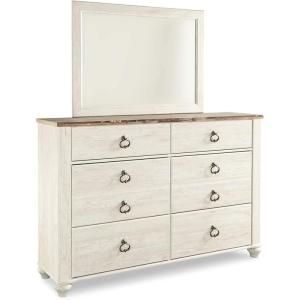 Signature Design by Ashley Willowton Vintage Smooth-Gliding 6-Drawer Dresser and Mirror with Safety Stop, Whitewash