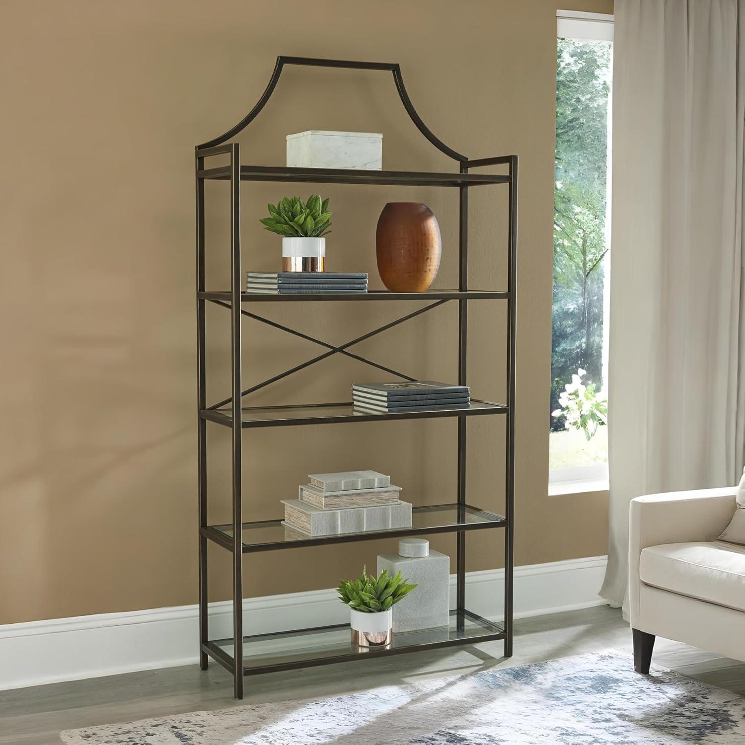 imageSignature Design by Ashley Bernonly Traditional Metal Etagere 72quot Bookcase with 5 Glass Shelves Metallic