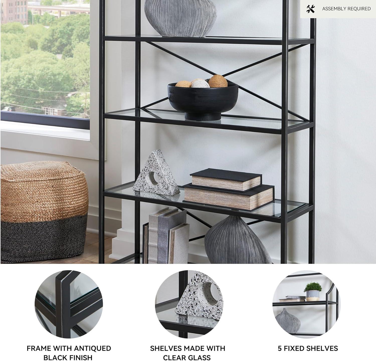 imageSignature Design by Ashley Dakerwell Traditional Metal Etagere 72quot Bookcase with 5 Glass Shelves Black