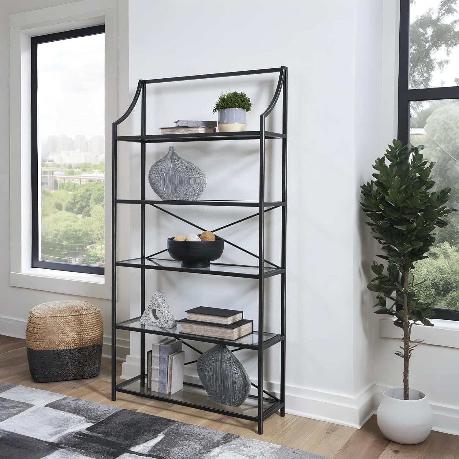imageSignature Design by Ashley Dakerwell Traditional Metal Etagere 72quot Bookcase with 5 Glass Shelves Black