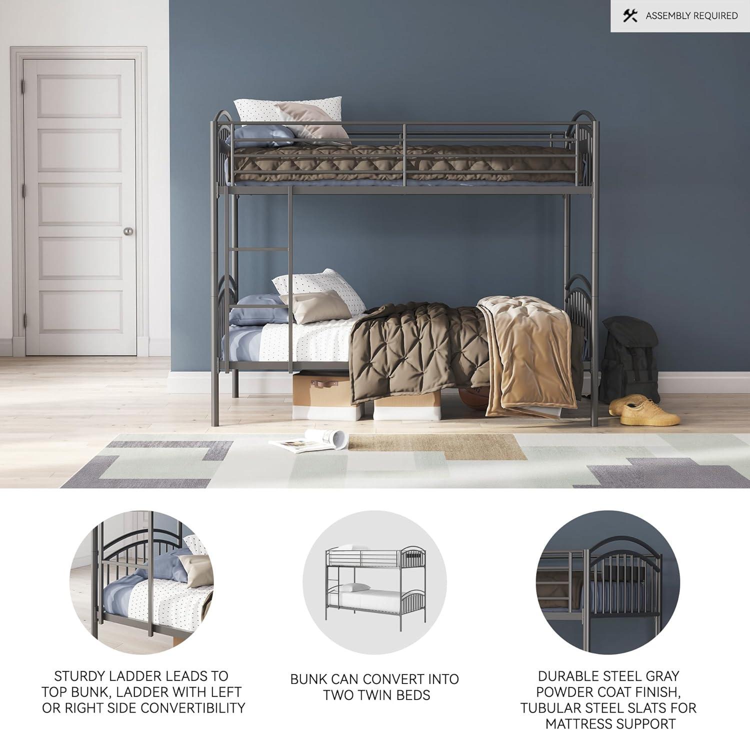 imageSignature Design by Ashley Graymound Casual Space Saving Convertible Twin Over Twin Bunk Bed with Ladder and Protective Side Rails Foundation or Box Spring Not Needed Gray