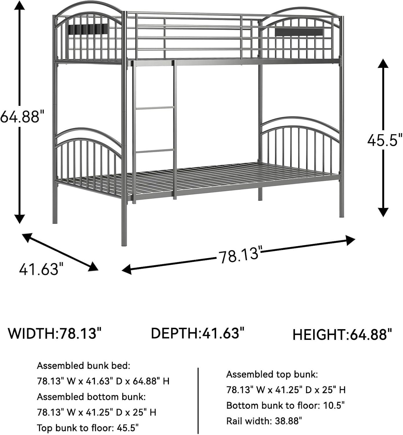 imageSignature Design by Ashley Graymound Casual Space Saving Convertible Twin Over Twin Bunk Bed with Ladder and Protective Side Rails Foundation or Box Spring Not Needed Gray