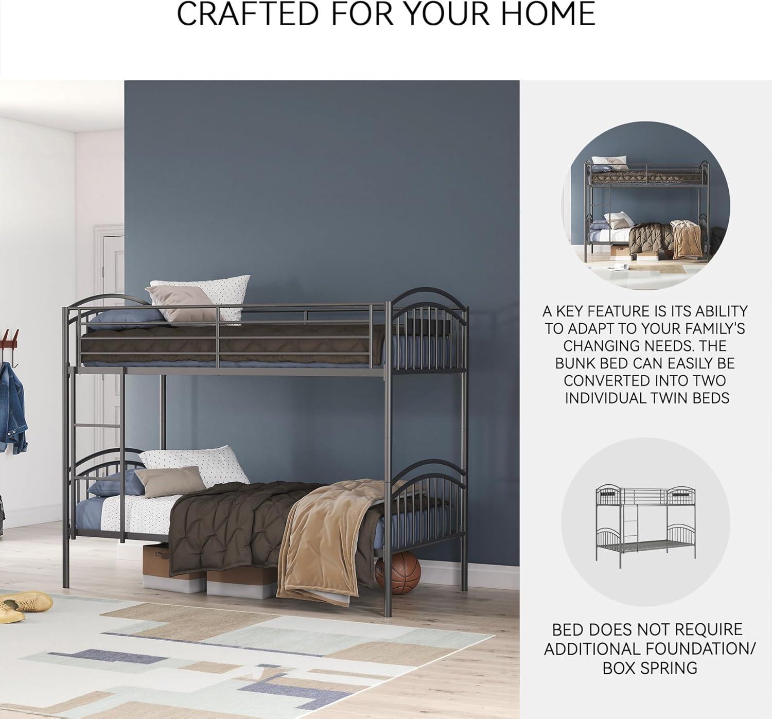 imageSignature Design by Ashley Graymound Casual Space Saving Convertible Twin Over Twin Bunk Bed with Ladder and Protective Side Rails Foundation or Box Spring Not Needed Gray