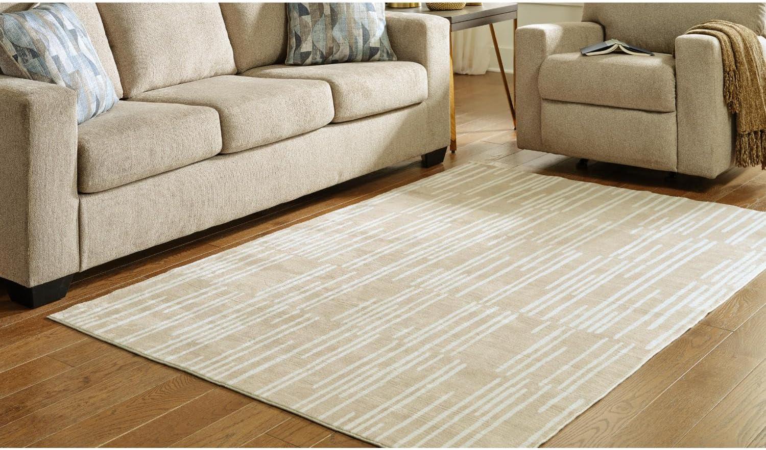 imageSignature Design by Ashley Ardenville Modern Indoor Washable Striped 5 x 7 Rug with Non Slip Backing Light Brown ampamp White