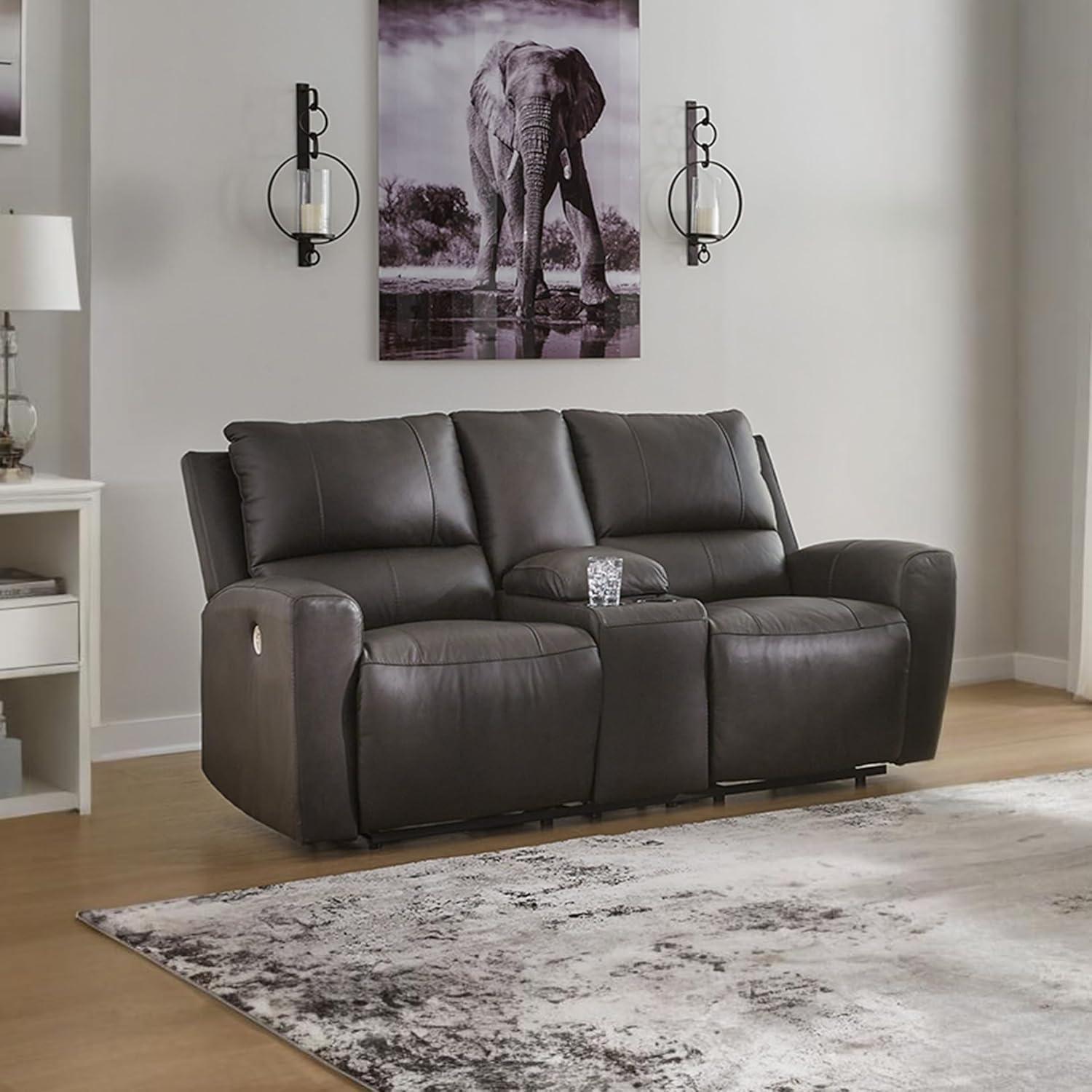 imageSignature Design by Ashley Boxmere Modern Leather Match Power Reclining Sofa with USB Ports Dark BrownPower Reclining Loveseat with Console