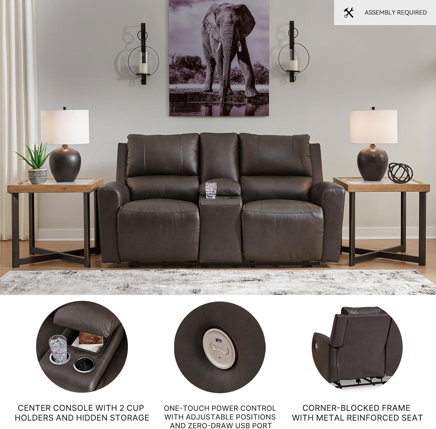 imageSignature Design by Ashley Boxmere Modern Leather Match Power Reclining Sofa with USB Ports Dark BrownPower Reclining Loveseat with Console