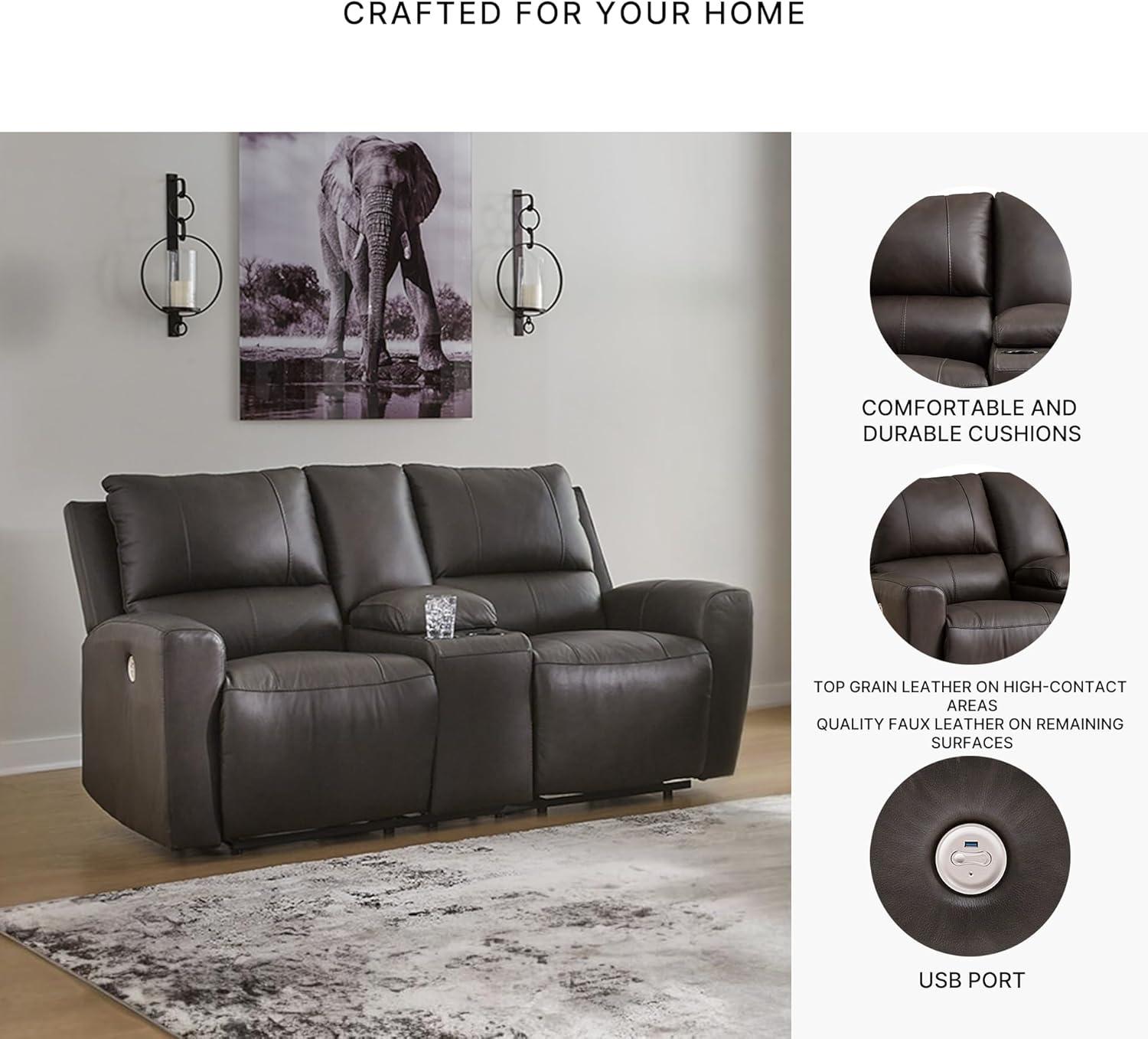 imageSignature Design by Ashley Boxmere Modern Leather Match Power Reclining Sofa with USB Ports Dark BrownPower Reclining Loveseat with Console