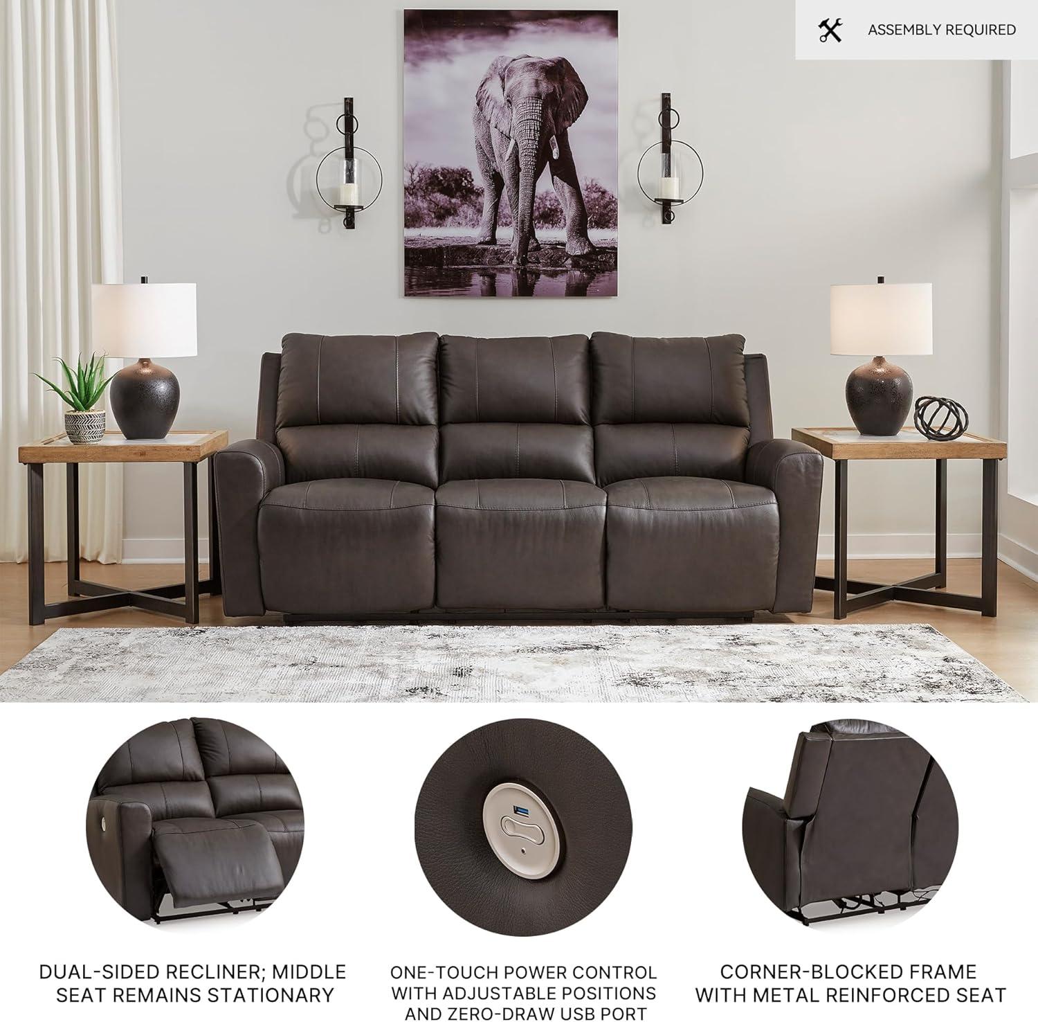 imageSignature Design by Ashley Boxmere Modern Leather Match Power Reclining Sofa with USB Ports Dark BrownPower Reclining Sofa