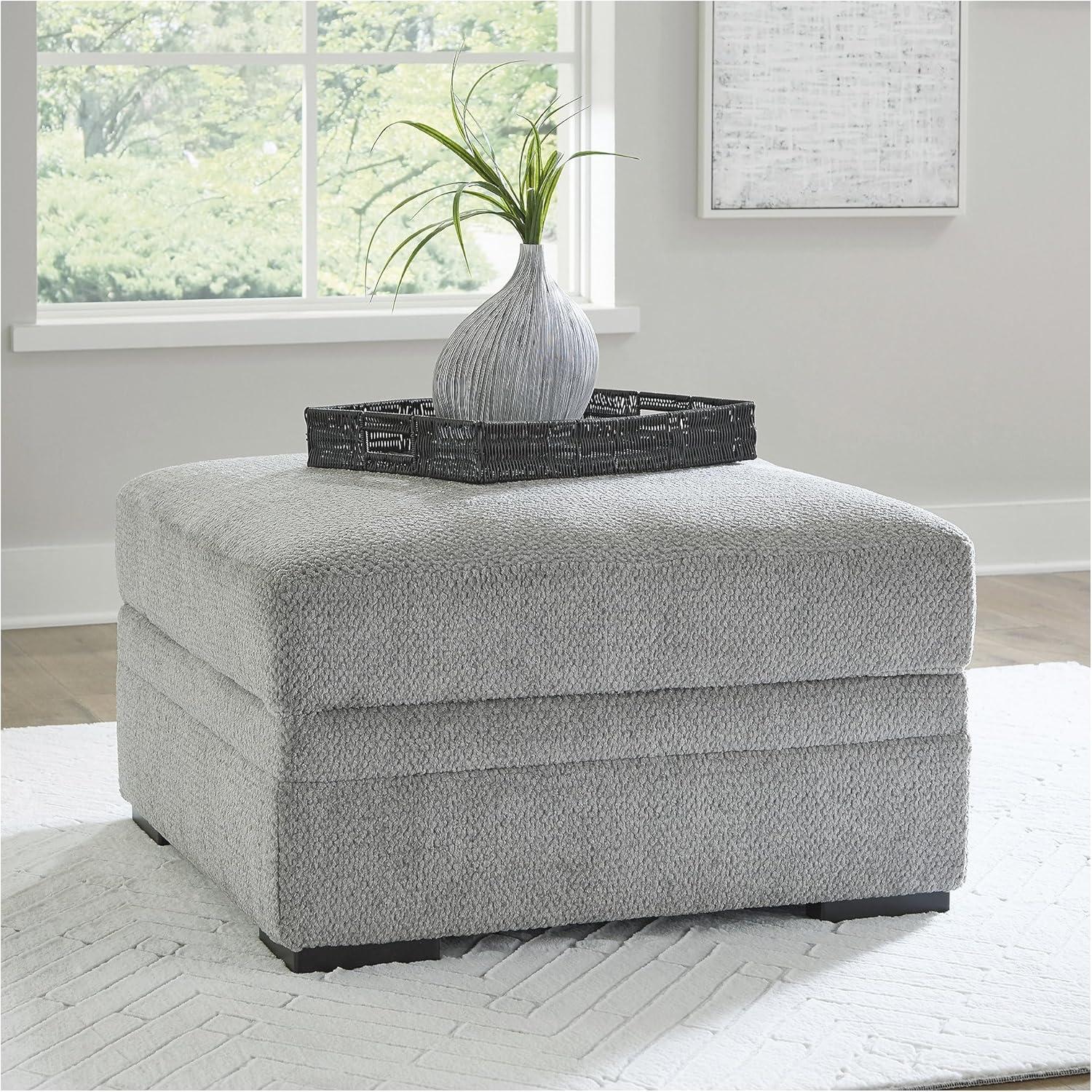 imageSignature Design by Ashley Casselbury Contemporary Square Upholstered Storage Ottoman with Removable Top and 4 Cup Holders Light Gray