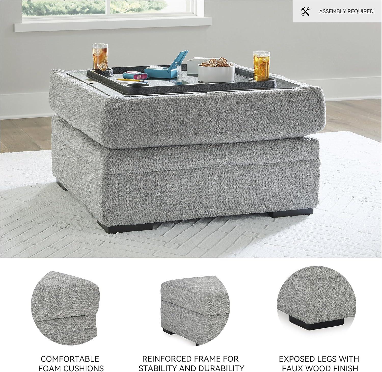 imageSignature Design by Ashley Casselbury Contemporary Square Upholstered Storage Ottoman with Removable Top and 4 Cup Holders Light Gray